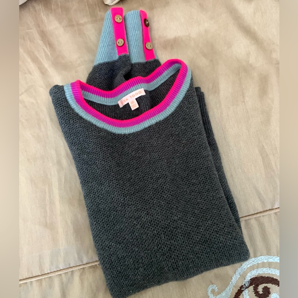 Lisa Todd Cashmere Sweater with Vibrant Pink and Blue Trim